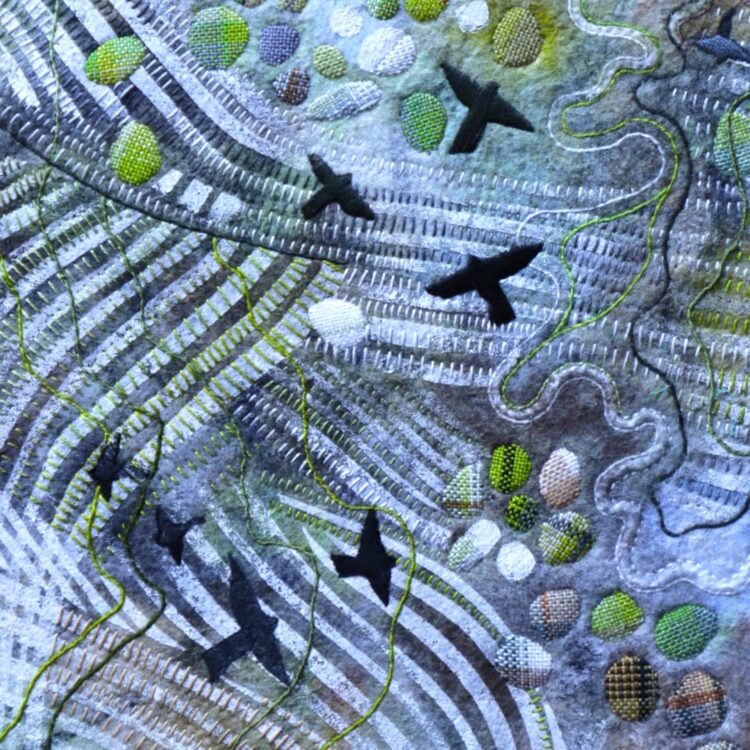 Elisabeth Rutt, Land Marks, Chalk (detail), 2023. 32cm x 47cm (12½" x 18½"). Dry felting, screenprint, hand stitching, surface darning. Mixed fibres, acrylic paint, textile medium, perlé cotton threads. Photo: Peter Rutt.