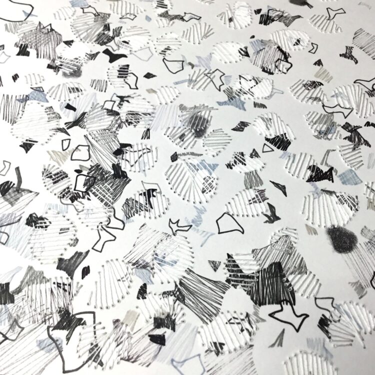 Elisabeth Rutt, snow sketch with stitch, 2021. 21cm x 30cm (8" x 12"). Pen drawing and stitch. Paper, art pens, stitch.