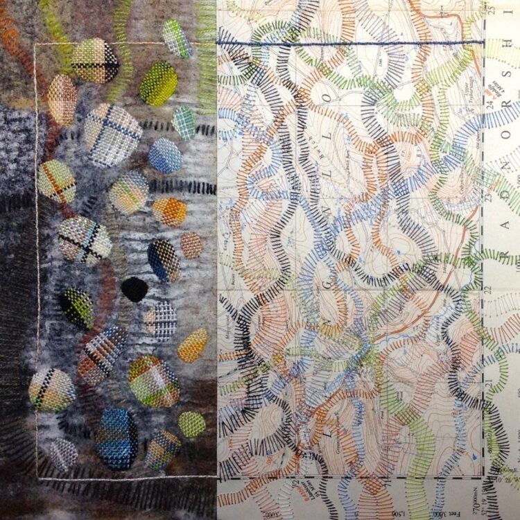 Elisabeth Rutt, Land Marks, Green Hollow, 2018. 41cm x 41cm (16" x 16"). Dry felting, hand stitching, surface darning. Mixed fibres, perlé cotton threads, vintage OS map.