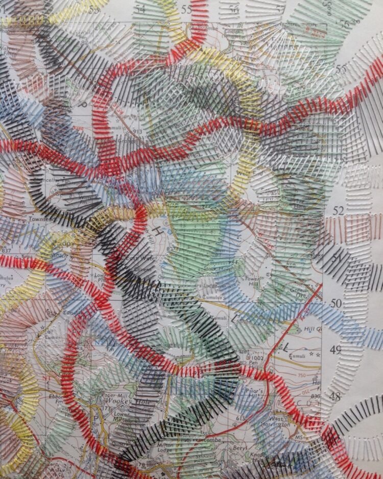 Elisabeth Rutt, Desire Lines (detail), 2017. 31cm x 42cm (12" x 16"). Hand stitching. Cotton threads, 1950s vintage Ordnance Survey map.