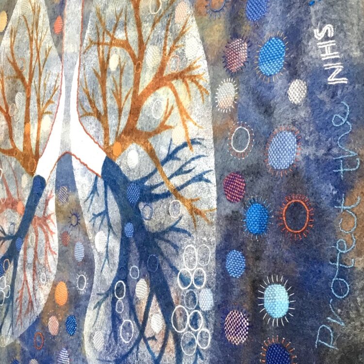Elisabeth Rutt, inhale/exhale (detail), 2020. 46cm diameter (18"). Dry felting, screen print, hand stitching, surface darning. Mixed fibres, acrylic paint, textile medium, cotton threads.