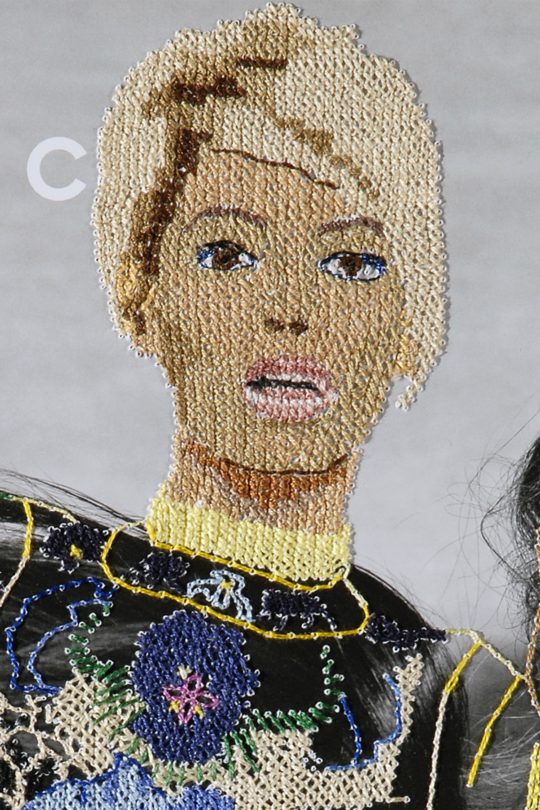 Inge Jacobsen, Beyoncé – Dazed & Confused – Hijacked ­– Front (detail), 2011. 21cm x 28cm (8.2” x 11”). Stranded cotton thread (Anchor) on paper. Cross stitch. Photography: Sharif Hamza