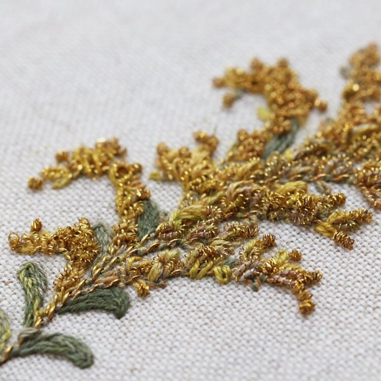 Katherine Diuguid, Goldenrod (detail), 2018. 18cm x 13cm (7" x 5"). Hand and metal embroidery. Cotton embroidery floss, gilt metal embroidery wires, linen.