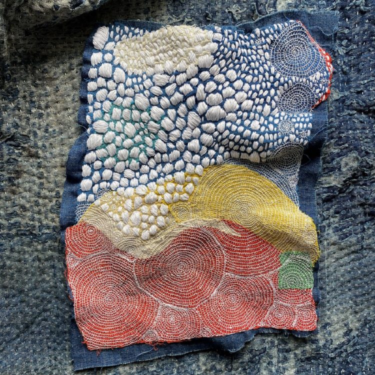 Lindsey Gradolph, Untitled, 2021. Approx 18cm x 25cm (7” x 10”). Vintage woven cotton, antique indigo cotton, white cotton thread. Hand embroidery.  Photography: Lindzeanne
