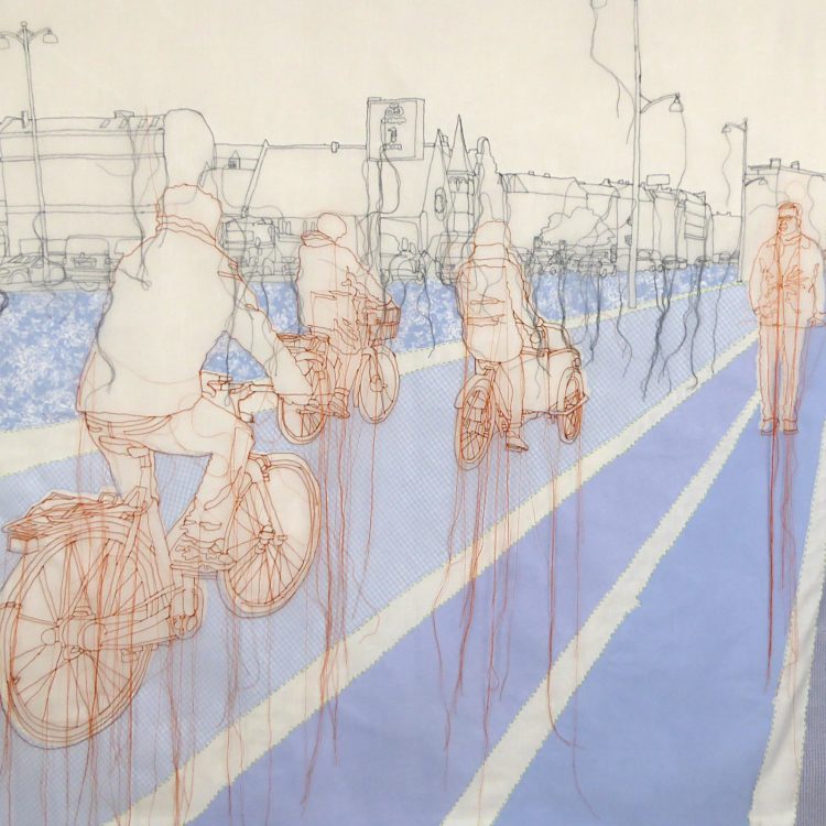Rosie James, Copenhagen Streetlife, 2019. 105cm x 105cm (41.3” x 41.3”). Calico, polyester voile, embroidery thread. Machine embroidery, hand embroidery. Photography: Rosie James