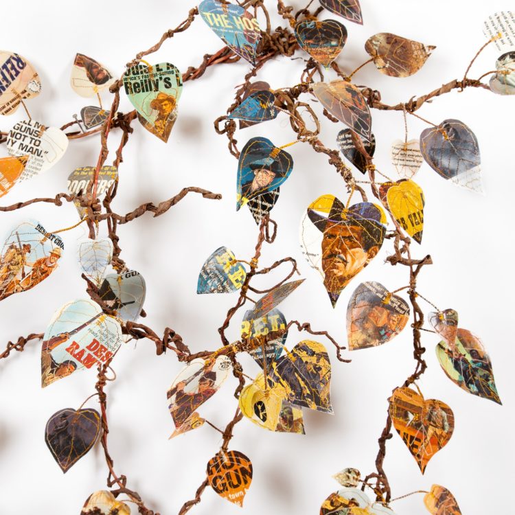 Lisa Kokin, Shooter (detail), 2014. 116.8cm x 71cm x 38cm (46” x 28” x 15”). Cowboy book covers, thread, wire, mull. Machine stitching on book covers. Photography: Lia Roozendaal