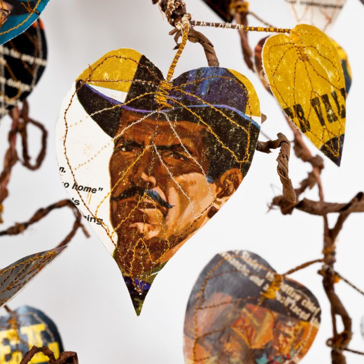 Lisa Kokin, Shooter (detail), 2014. 116.8cm x 71cm x 38cm (46” x 28” x 15”). Cowboy book covers, thread, wire, mull. Machine stitching on book covers. Photography: Lia Roozendaal