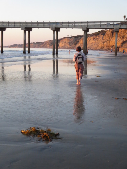 Walk on beach, San Diego, Stitch and sketch kit and camera on my back