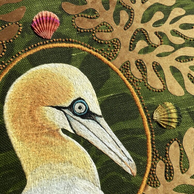 Yvette Phillips, Northern Gannet (detail), 2022. 30cm x 30cm (12″ x 12″). Hand embroidery and appliqué. Vintage fabrics.