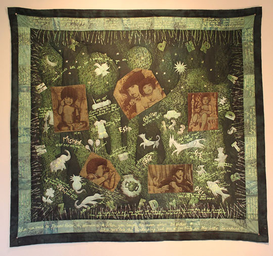 My Little Sunshine – A tribute to my first child. Discharge screen-printed and painted on dyed fabric.