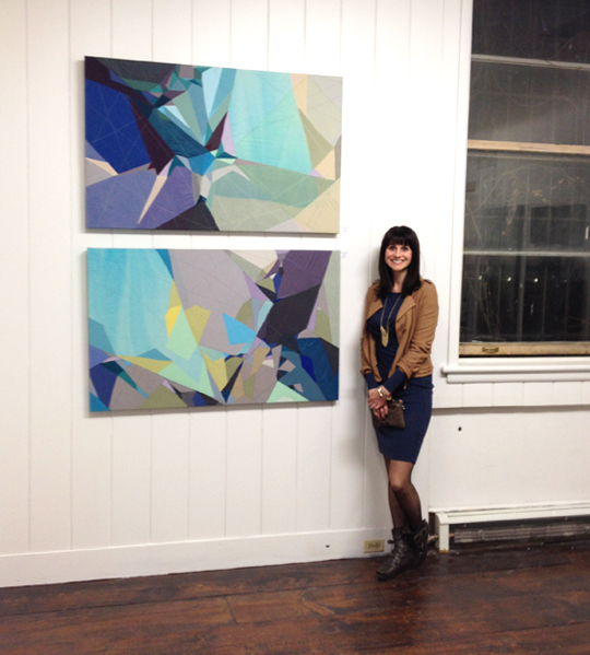 Sarah Symes with Abstract Mountain Landscape No. 1 and No. 3 at the Orange art gallery in Ottawa, Canada.