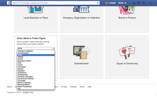 Select an appropriate category for your Facebook page