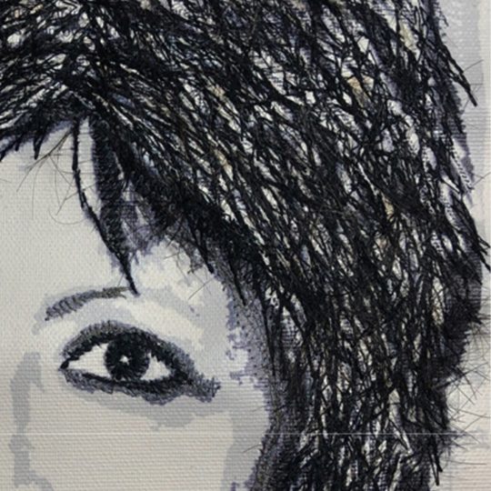 Sumi Perera, Roots (50 Shades of Grey) (detail), 2020. 30cm x 21cm (12" x 8"). Canvas, human hair, hair-dye, threads. Print, paint, hand and machine stitch.