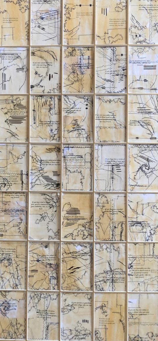 Sumi Perera, Roots – Plural Perspectives, 35 Steps of Unconscious Bias – Conversations (back detail), 2021. 35 pages, each 15cm x 10cm (6" x 4"). Canvas, fabric, paper, threads. Print, paint, weaving, calligraphy, stitch.