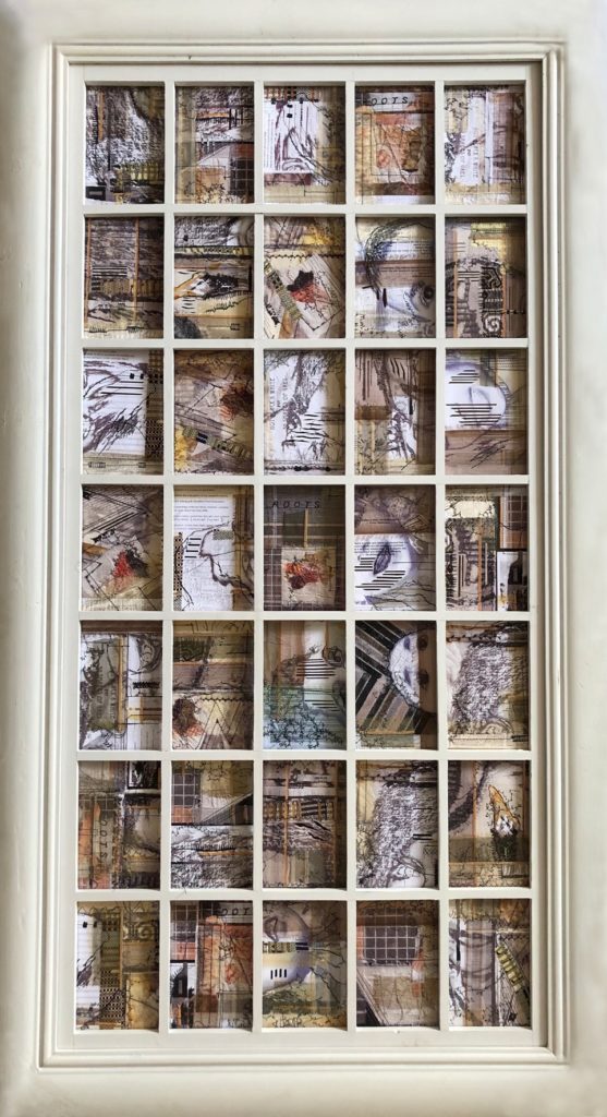 Sumi Perera, Roots – Plural Perspectives, 35 Steps of Unconscious Bias – Conversations (front), 2021. 35 pages, each 15cm x 10cm (6" x 4"). Canvas, fabric, paper, threads. Print, paint, weaving, calligraphy, stitch.