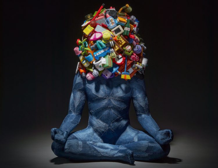 June Lee, Weight of Human, 2020. 40cm x 62cm x 61cm (16" x 24½" x 24"). Thread on cast resin, Sculpey polymer clay objects. Thread wrapping, mixed media. Photography: Myoung studio 