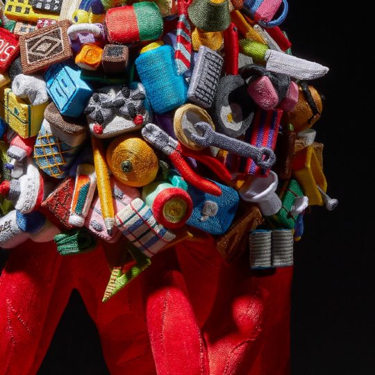 June Lee, Weight of Human (detail), 2021. 40cm x 40cm x 60cm (16" x 16" x 32½"). Thread on cast resin, Sculpey polymer clay objects. Thread wrapping, mixed media. Photography: Myoung studio