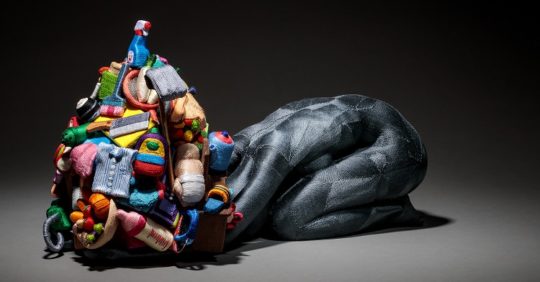 June Lee, Weight of Human, 2018, 60cm x 34cm x 32cm (23½” x 13" x 13"). Thread on cast resin, Sculpey polymer clay objects. Thread wrapping, mixed media. Photography: Myoung Studio