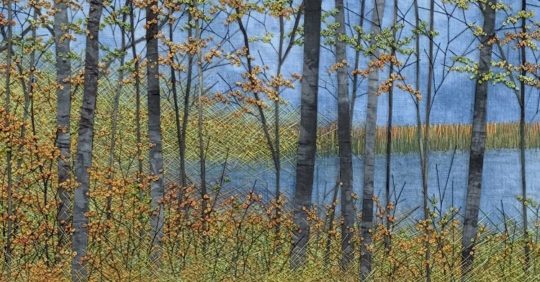 Martha Fieber, Colwell Lake (detail), 2022. 20cm x 61cm (8” x 24”). Straight stitching and French knots. Hand-dyed cotton thread and silk trees.