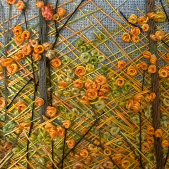 Martha Fieber, Colwell Lake (detail), 2022. 20cm x 61cm (8” x 24”). Straight stitching and French knots. Hand-dyed cotton thread and silk trees.