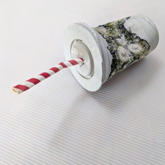 Nerissa Cargill Thompson, Because the Straw was the Problem, 2020. 22cm x 10cm x 10 cm (8½" x 4" x 4"). Embellished recycled materials, concrete, waste cup and original paper straw. Embellishing, hand and machine embroidery, casting.
