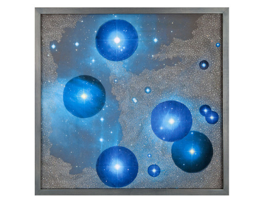 Rebecca R. Medel – ‘Pleiades Star Field’, embroidered silk floss French knots and glass beads on digitally printed cotton, 19 x 19 inches