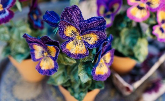 Corinne Young, Pansy Pot Plants (detail), 2021. 30cm (12”) tall. Machine stitch. Madeira threads, net, textile medium, florist’s wire/tape and flax fibres.