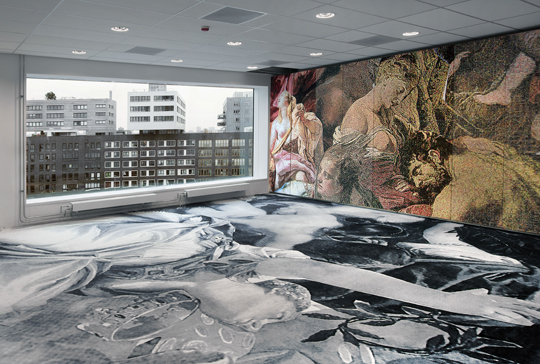 Barbara Broekman – Palace of Justice, Amsterdam. Good & Evil (2013). Wall hanging 300x600cm Jacquard machine woven. Carpet 800x1000cm axeminster woven. Photo Gert Jan van Rooij.