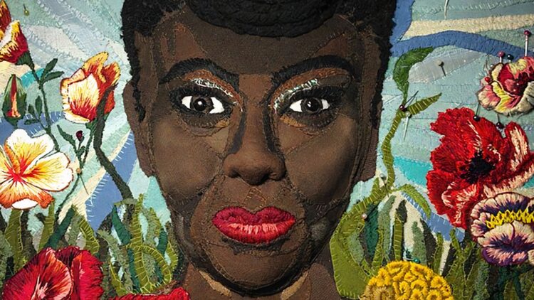 Jess De Wahls, Chimamanda Ngozi Adichi, 2013. 46cm x 61cm (18" x 24"). Hand stitch. Recycled fabrics, cushion stuffing, thread, plywood.
