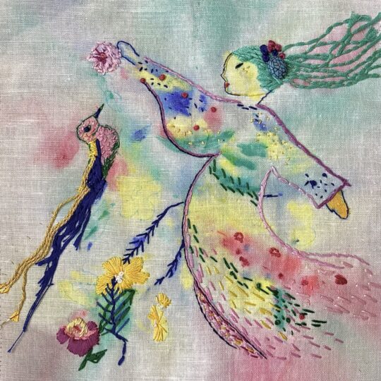 Catherine Dewhurst, Untitled, 2023. 21cm x 24cm (8" x 9"). Painting, hand stitch. Gold metallic threads, DMC stranded cotton, bead embellishment, white linen napkin, olive green linen backing.