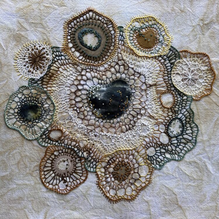 Christina Buehrer, Organic blanket stitch organism, 2023. 30cm x 30cm (12" x 12"). Painted cotton, embroidery, bead embellishment. Cotton fabric, acrylic paint, threads.