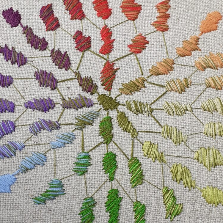 Debbie Rose-Lewis, Thread mixing colour wheel, 2023. 20cm (8") diameter. Hand stitch. Silk noil, stranded cotton embroidery threads.