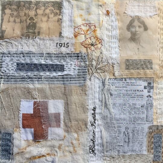Gill Tyson, Marjorie’s Story: Tattenhall Remembers or Women’s Contribution to the War Work, 2023. 31cm x 31cm (12" x 12"). Collage, image transfer, hand stitch. Rust-dyed cotton, eco-dyed silk organza, recycled fabrics, scrim/bandages, image transfers. DMC stranded cotton embroidery threads.