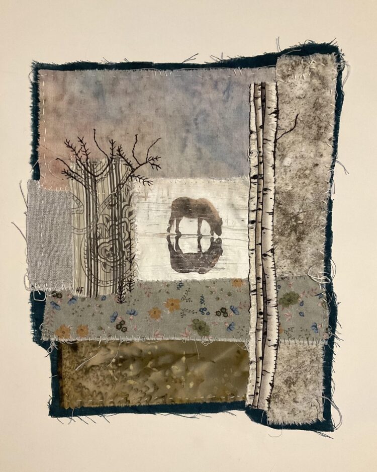 Heléne Forsberg, Part of a series of horse artworks (2023). 24cm x 27cm (10" x 10"). Collage, image transfer, stitch. Transferred image of photo taken by Helène, cotton fabrics, threads.