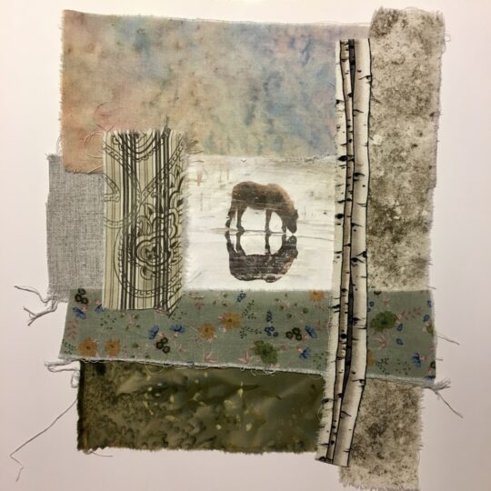 Heléne Forsberg, Part of a series of horse artworks (2023). 24cm x 27cm (10" x 10"). Collage, image transfer, stitch. Transferred image of photo taken by Helène, cotton fabrics, threads.