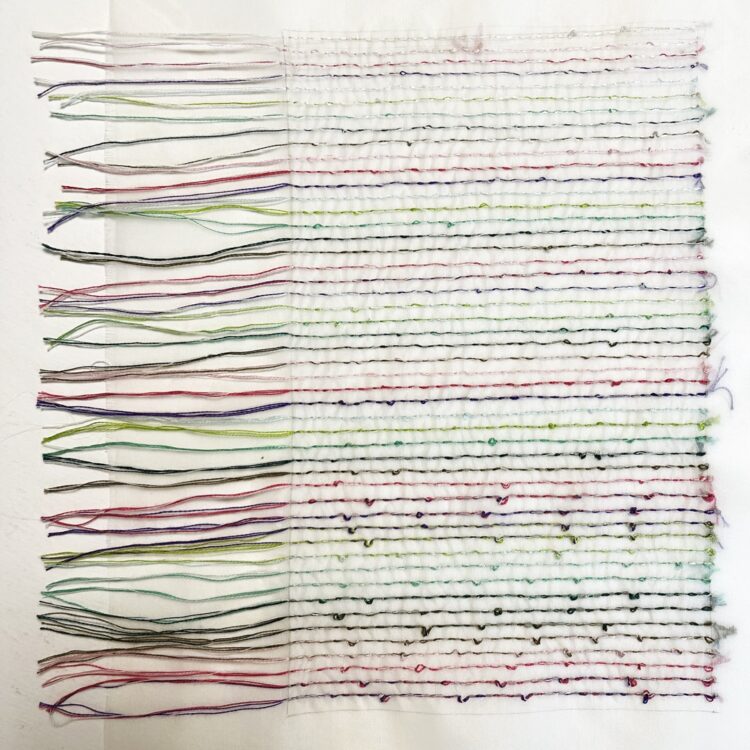 Hyosook Lee, Transformation: sub 2, 2023. 25cm x 29.5cm (10" x 12"). Hand stitch. Silk fabric, cotton and silk threads.