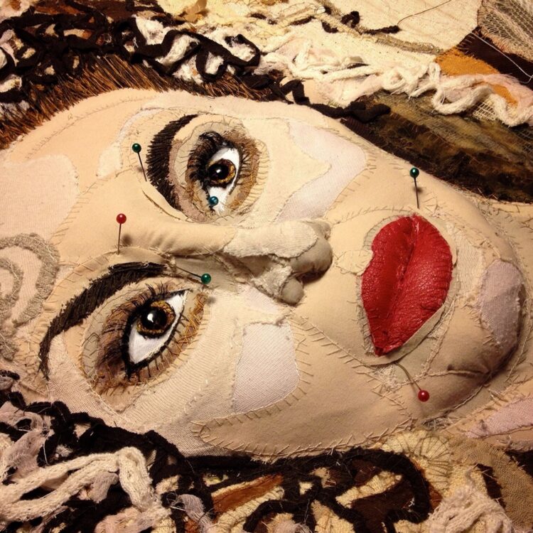 Jess De Wahls, Queen B (process detail), 2013. 80cm x 140cm (31" x 55"). Hand stitch. Recycled fabrics, cushion stuffing, thread, plywood.