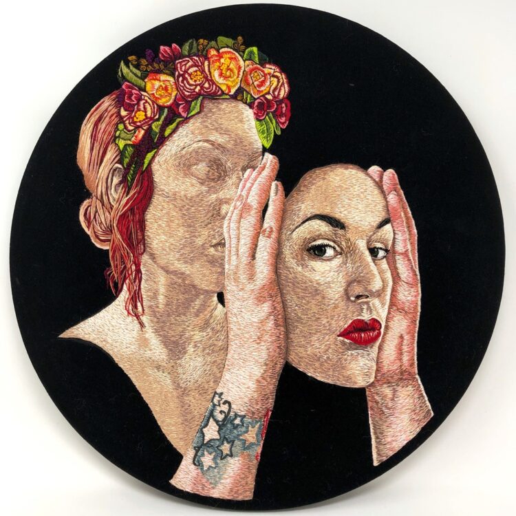 Jess De Wahls, Putting On a Brave Face, 2019. 30cm x 42cm (12" x 16"). Hand embroidery. Various embroidery threads.