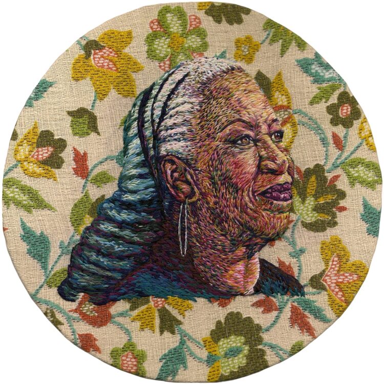 Jess De Wahls, Toni Morrison, 2017. 20cm x 20cm (8" x 8"). Hand embroidery. Various embroidery threads. 