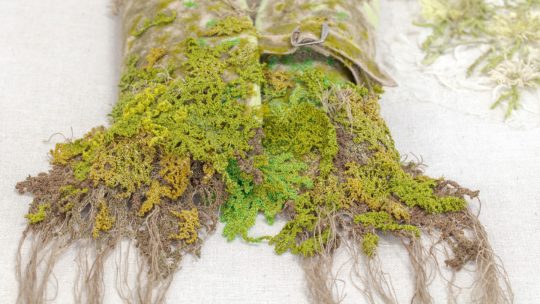 Sue Rangeley, Sissinghurst Collection – moss embellishment (detail), 2021. 23cm wide (9"). Dissolvable lacework. Linen thread, perle thread, machine threads. Photo: Michael Wicks.