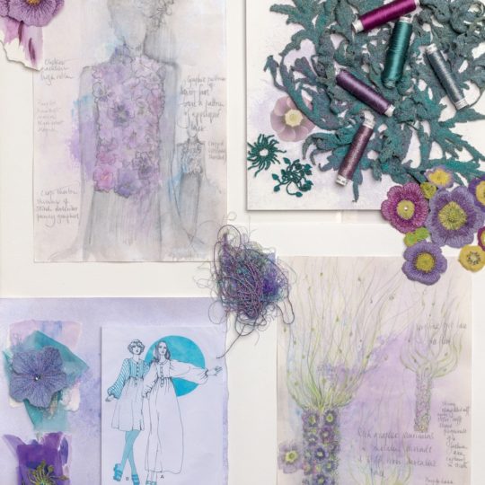 Sue Rangeley, mood board for Free Spirit, 2013. 56cm x 81cm (22" x 32"). Watercolour sketches, embroidery samples. Mixed media artwork and embroidery samples. Photo: Michael Wicks.