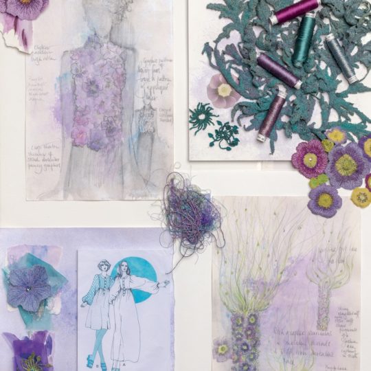 Sue Rangeley, mood board for Free Spirit, 2013. 56cm x 81cm (22" x 32"). Watercolour sketches, embroidery samples. Mixed media artwork and embroidery samples. Photo: Michael Wicks.