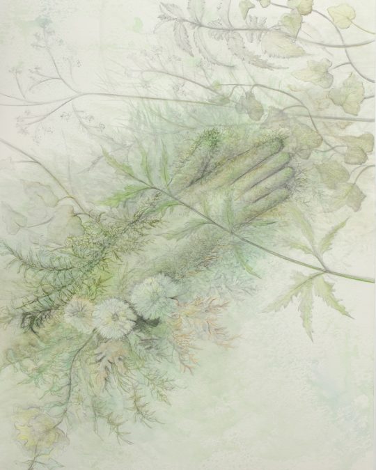 Sue Rangeley, sketch of gauntlet 'Sissinghurst Collection', 2018. 76cm x 56cm (30" x 22"). Wash, pencil and crayon sketch. Watercolour paper, watercolour, graphite. Photo: Michael Wicks.