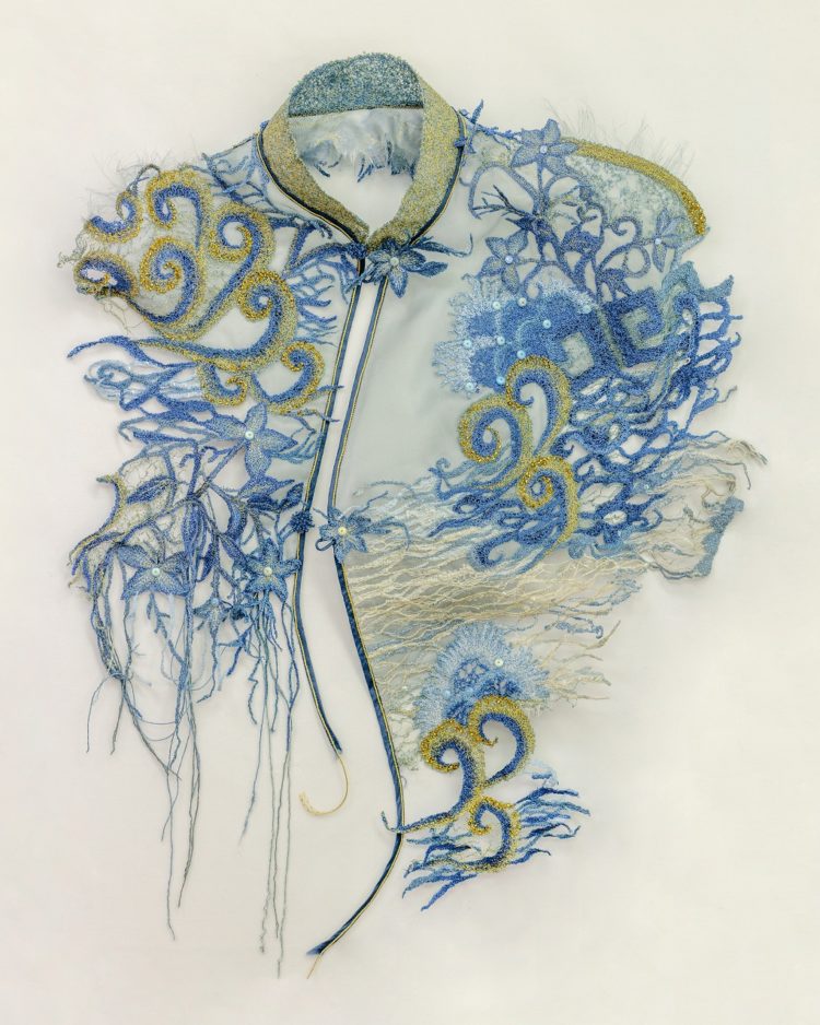 Sue Rangeley, China Blues, 2021. 50cm long (20"). Machine lace, appliqué lace, free-machine embroidery beadwork. Silk organza, gold threads, beads, machine threads, silk cords. Photo: Michael Wicks.