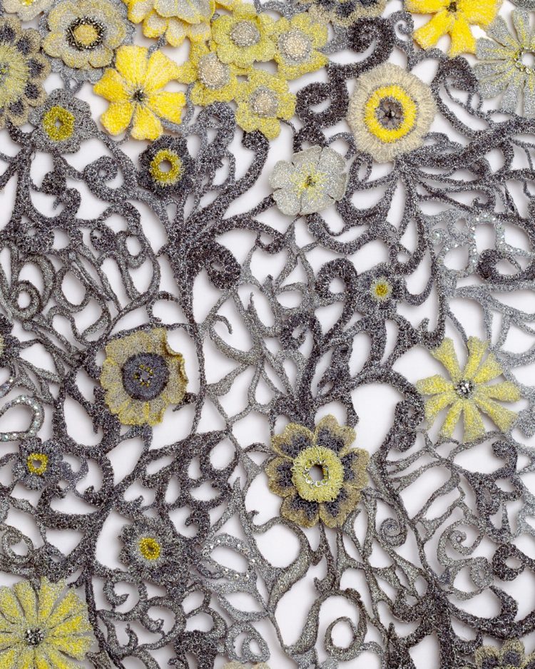 Sue Rangeley, Just Fab (detail), 2013. 86cm x 38cm (34" x 15"). Machine embroidered lace. Silk, machine embroidery threads, Swarovski crystals, beads. Photo: Michael Wicks.