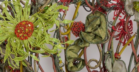 Sue Rangeley, On the Wild Side (detail), 2013. 38cm x 56cm (15" x 22"). Rouleaux, machine lace motifs, manipulation, beadwork. Silk dupion and organza, metallic lame, wire, machine thread. Photo: Michael Wicks
