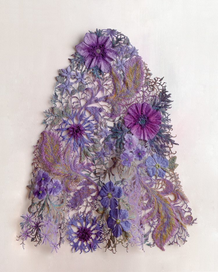 Sue Rangeley, Pavonina Embroidered Lace, 2012. 53cm (base) x 63cm (21" x 25"). Machine embroidered lace. Machine rayon threads, metallic machine threads, silk appliqué. Photo: Michael Wicks.