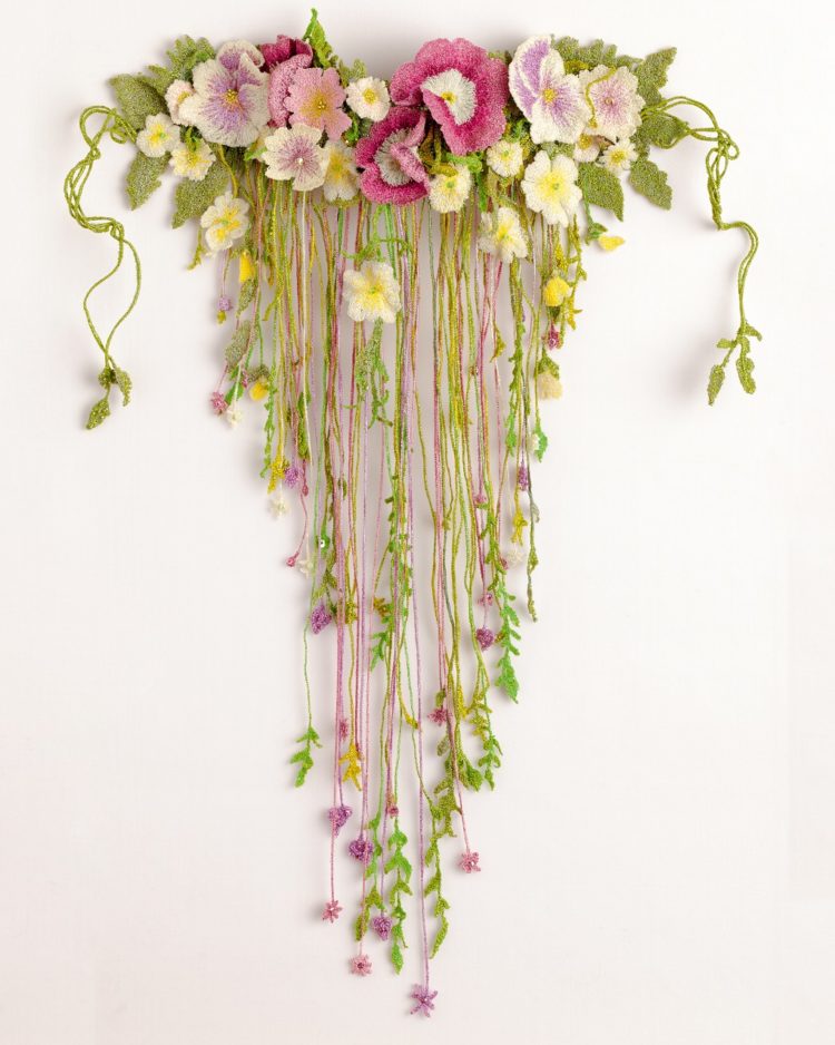 Sue Rangeley, Summer of Love, 2012.  46cm x 33cm (18" x 13"). Machine cords, water soluble lace flowers and leaves. Silk machine threads, cords, beads. Photo: Michael Wicks