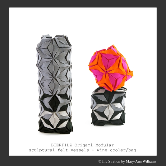 Bierfilz Origami Modular vessels, vase, wine cooler, bag, Illu Stration by Mary-Ann Williams