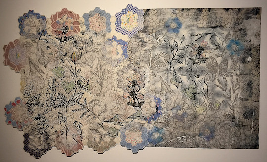 Grandmother’s Flower Garden. 2014 45 x 72”. vintage quilt paired with new piece - dyed, discharged, layered over speckling (plaster) screen printed with paint and sand. hand tied. Ecco felt backing.